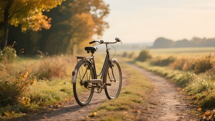 Obraz premium A bicycle rests on a serene, sunlit rural path surrounded by autumn foliage.