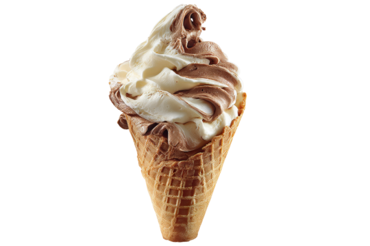 Colorful alumni-inspired swirl soft serve ice cream cone with vibrant pastel hues isolated on transparent PNG background for versatile cutout design