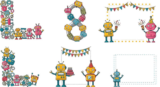 Robot themed birthday party invitation templates for kids and digital scrapbooking use