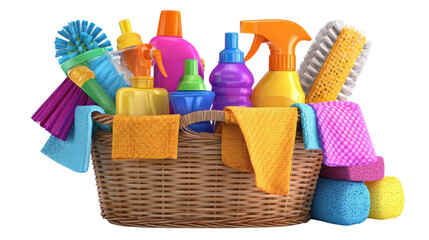 Basket full of cleaning supplies in bright colors, 3D render, background isolated on a Transparent background, PNG file.