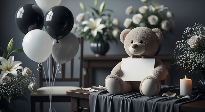 Elegant Get Well Soon Gift Card with Teddy Bear, Balloons, and White Flowers – Recovery Inspiration