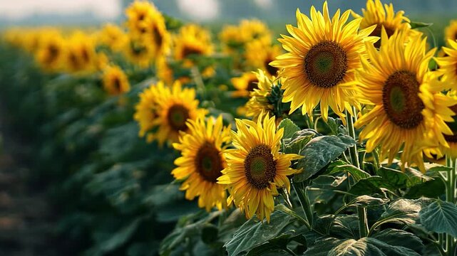 Sunflower Field in Sunlight: A vibrant, sunlit field of sunflowers extends as far as the eye can see, creating a dynamic composition that captures the essence of summer and the beauty of nature.