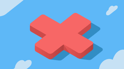 Fototapeta premium Red isometric cross symbol illustration set against a blue sky with clouds