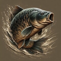 Realistic carp fish jumping from water with rich details and sharp textures on brown background