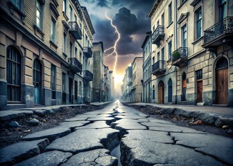 Obraz premium Dramatic cityscape with a cracked road and lightning strike illuminating buildings under a stormy sky