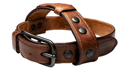 Brown leather watch strap with buckle isolated on transparent background