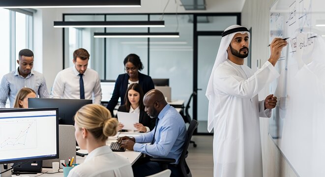A diverse team of professionals collaborates on a project in a modern , with a man in traditional Middle Eastern attire leading a whiteboard discussion. - Powered by Adobe