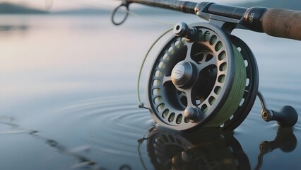 Close-up of a fishing reel and rod resting on calm water, reflecting the serene environment.