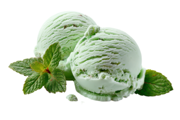 Rich bittersweet mint ice cream scoop resting on a glossy waffle cone with vibrant green hue, isolated PNG‑style on transparent background for versatile cutout design and seamless digital layering