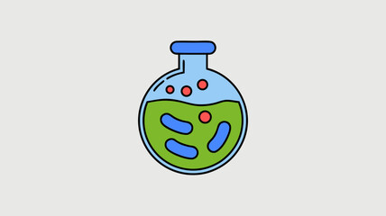 Obraz premium Colorful illustration of a science flask with bacteria, bubbles, and a green liquid.