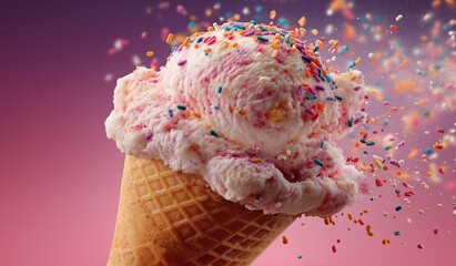 a vibrant soft-serve ice cream cone with rainbow sprinkles, against a bold pink background, highlighting professional color grading and intricate details for a stunning food advertisement