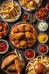 Fototapeta premium op view of fast food feast on wooden table