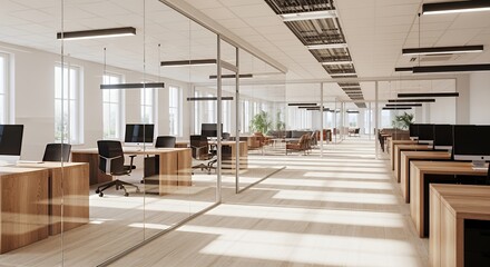 Modern interior design with glass partitions, wooden desks, and comfortable ergonomic chairs, showcasing a bright and spacious workspace.