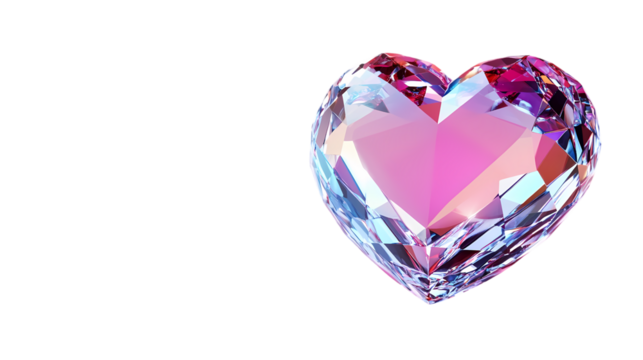 A faceted heart shaped crystal with blue and pink hues isolated on white background