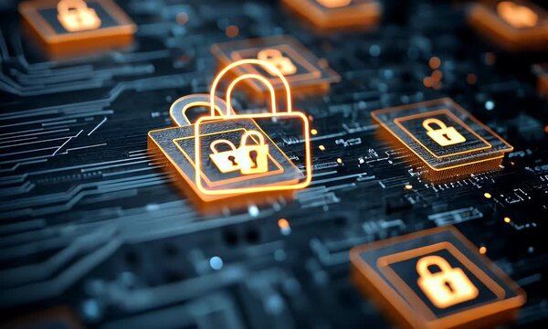 
A digital illustration of a cyber security concept, featuring a padlock and hologram data blocks, 