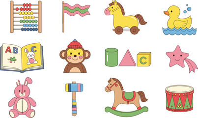 Colorful kids toy vector set—rubber duck, plush bunny, rocking horse, abacus, monkey figure, alphabet book, shapes and drum, playful educational illustration