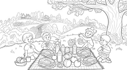 Fototapeta premium Children having countryside picnic under tree—vector illustration with food, nature scenery, and joyful activity for educational, seasonal, and lifestyle design use