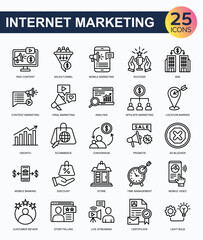 Internet Marketing icon collection set. Containing paid content, sales funnel, mobile Marketing, b2b, content Marketing, affiliate Marketing, customer review icon. Simple line vector.