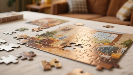 Partially completed jigsaw puzzle on a table in a cozy living room setting