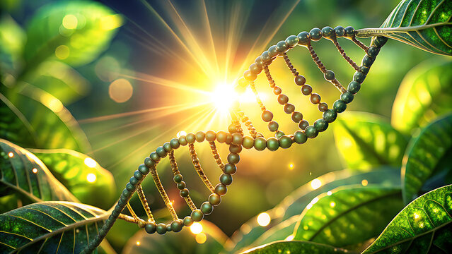 Close up of a glowing dna helix surrounded by lush green leaves and bright sunlight representing life and science
