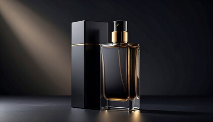 Elegant Perfume Bottle and Box on Dark Background