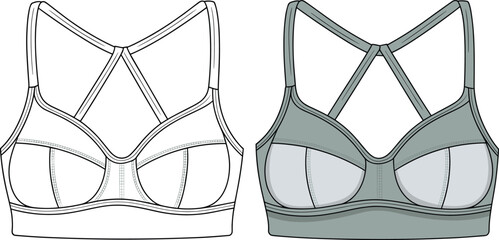 Vector sports bra illustration with racerback multi-strap design—technical sketch and colored version featuring sectioned cups and activewear detailing