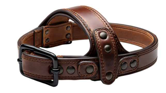 Brown leather dog collar with metal buckle isolated on transparent background