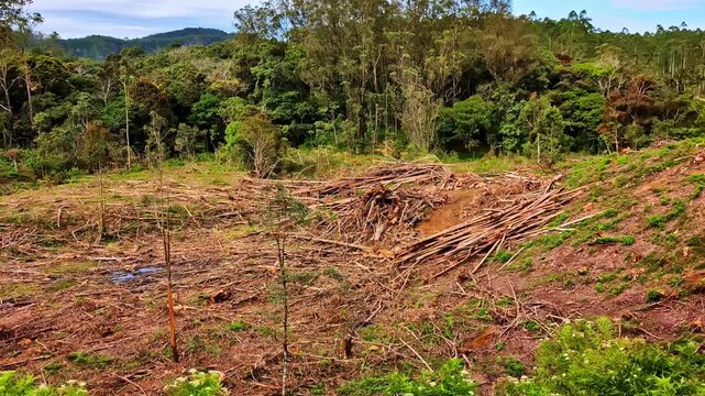 The aftermath of logging is visible on a hillside where a forest has been cut down, leaving behind a scar of felled timber and debris that contrasts sharply with the remaining green woods.