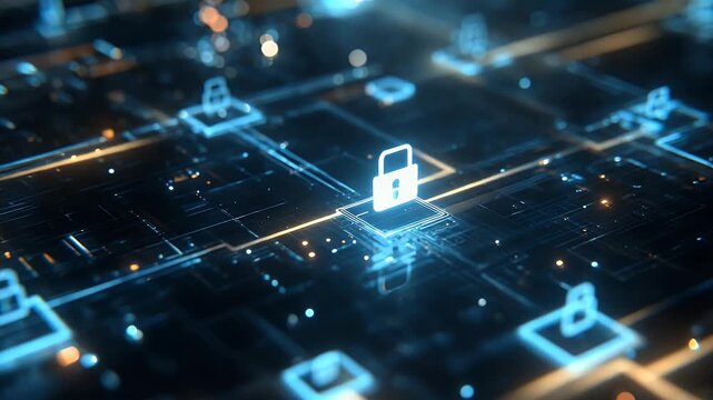 
A digital illustration of a cyber security concept, featuring a padlock and hologram data blocks, 