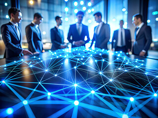 Diverse team of professionals collaborating around a glowing digital network interface in a modern office setting