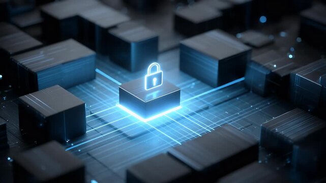 
A digital illustration of a cyber security concept, featuring a padlock and hologram data blocks, 