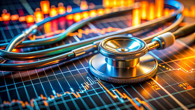 Stethoscope resting on financial stock market data charts with glowing orange and blue lights symbolizing healthcare finance and analysis