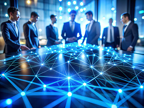 Diverse team of professionals collaborating around a glowing digital network interface in a modern office setting