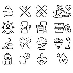 A collection of minimalist icons representing various aspects of health, wellness, and well-being. Featuring symbols for fitness, mental health, diet, and more.