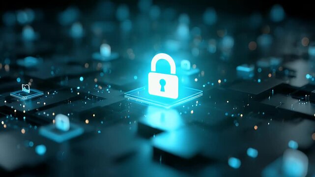 
A digital illustration of a cyber security concept, featuring a padlock and hologram data blocks, 