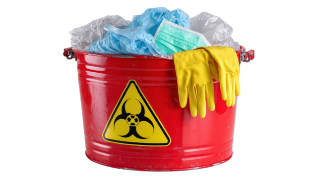 Biohazard waste bin with contaminated gloves and masks background isolated on a Transparent background, PNG file.