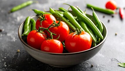 Bowl of ripe red tomatoes and fresh green beans on a dark surface