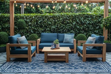 Modern outdoor wooden chat set with blue cushions and dark teal accents on navy patterned rug, wooden table between chairs, green hedge background with string lights in natural light