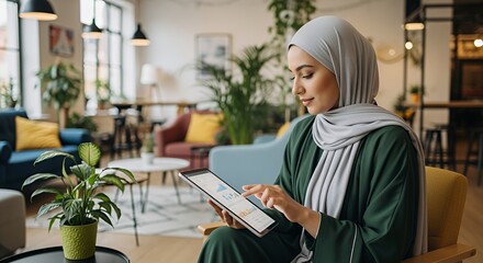 A woman in a hijab uses a tablet computer while sitting in a modern cafe, reviewing financial charts and graphs.