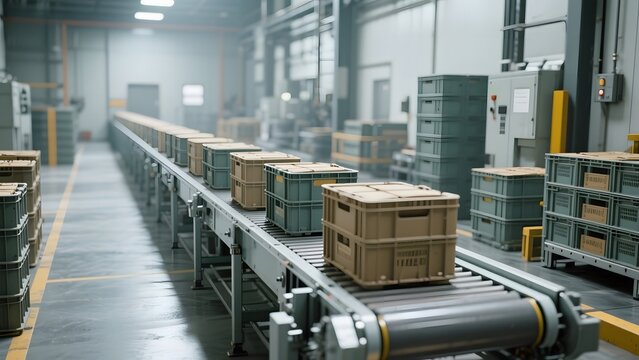 Conveyor Belt Transporting Crates in a Factory