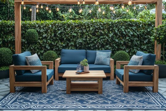 Modern outdoor wooden chat set with blue cushions and dark teal accents on navy patterned rug, wooden table between chairs, green hedge background with string lights in natural light