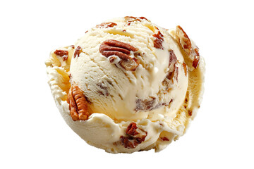 Rich creamy butter pecan ice cream scoop swirled with golden caramel and crunchy pecan pieces, melting drips highlighted, isolated on transparent PNG background for versatile digital cutout