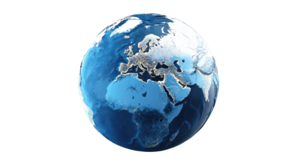 Blue 3D world globe showing day and night zones, isolated on a Transparent background, PNG file.