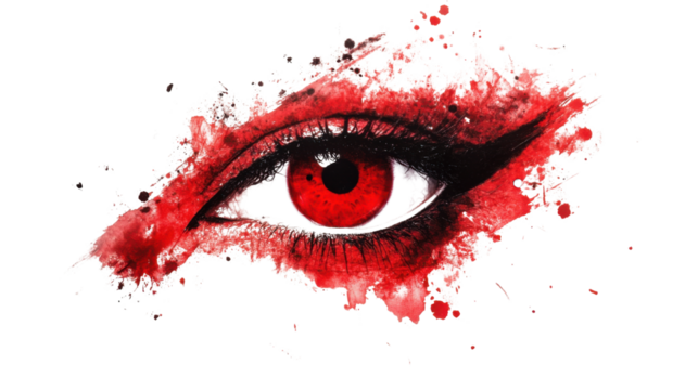 Red spray stain in shape eye of woman on white background