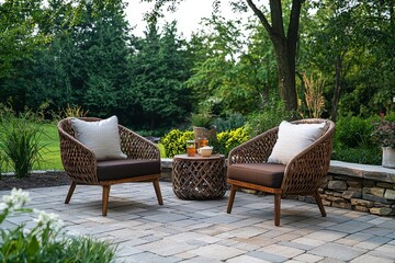 Obraz premium Patio set with two teak wood chairs, dark brown rattan lounge chair, outdoor table and side tables on paver flooring, 3-piece garden furniture seating area