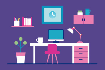 Modern home office desk setup with computer lamp plant and clock