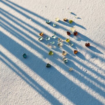 Scattered colorful gemstones cast shadows on a light surface, parallel lines suggest a source of shade