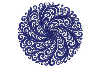Intricate blue and white floral pattern forming a circular ornament, ideal for design projects requiring a transparent background