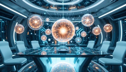 A futuristic AI brainstorming hub with glowing thought orbs hovering over a sleek glass table.
