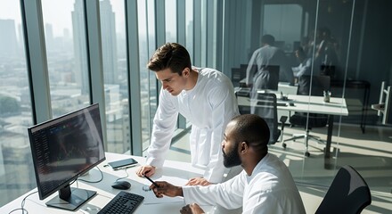 Two male professionals in white lab coats collaborate intently on a computer in a modern with a stunning city view.